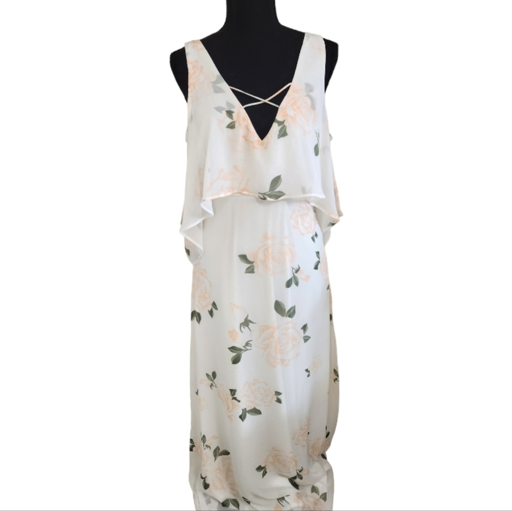 LULU'S  floral print flowy maxi dress peach white green size medium